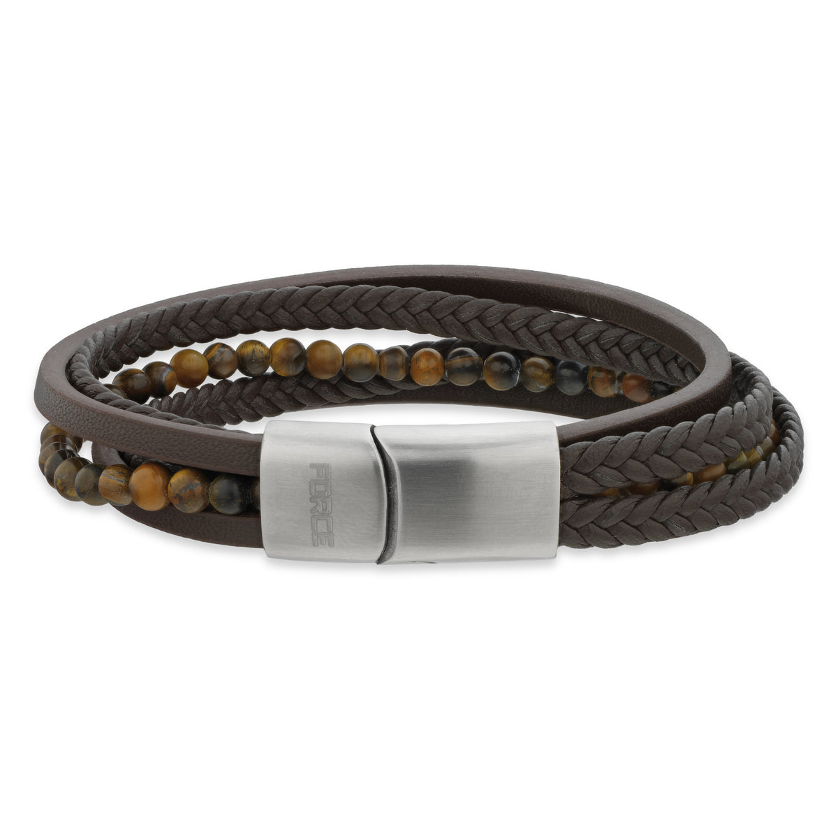 Scrouples-Force armbånd multi rk. træ og mørkebrunt læder stål lås 21cm-model 04331A,M