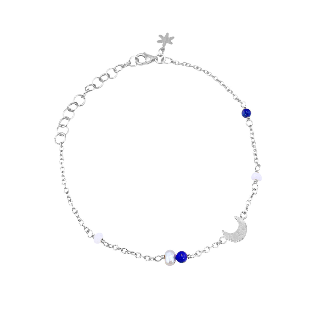 Susanne Friis Bjørner Armbånd anker 16-20 cm, sølv, lille mat halvmåne, blå calcedon, farvet ferskvandsperle, lapis lazuli