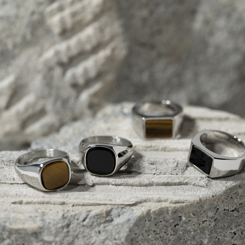 SON of NOA herreringe i stål med black agate og tigerøje