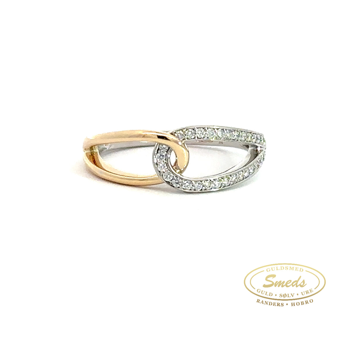 Smuk 14 karat rød- og hvidguldring med diamanter.