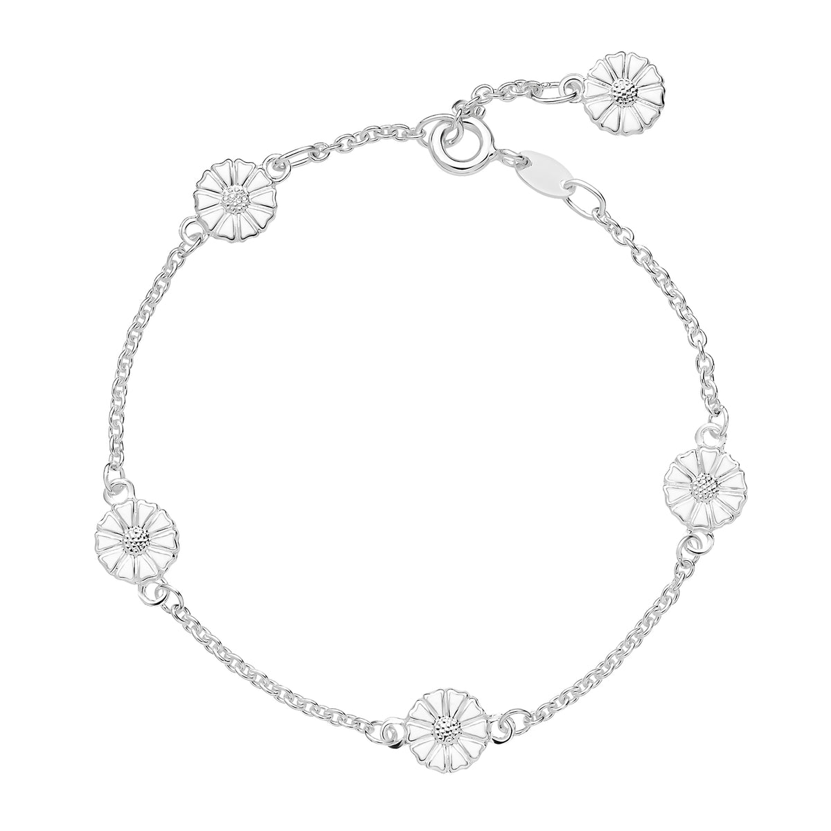 Lund Copenhagen Marguerit armbånd med 5x7,5mm marg. hvid emalje 16-17-19cm i sølv – model 90107018-5-H