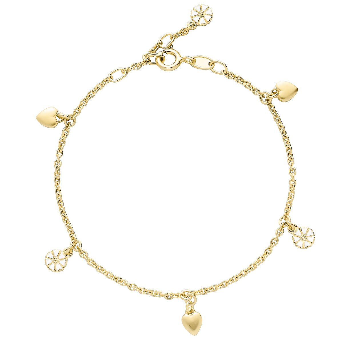 Lund Copenhagen Marguerit armbånd med 3x5mm + 3 hjerter hvid emalje 17-18-19 cm i forgyldt sølv – model 9015029-M