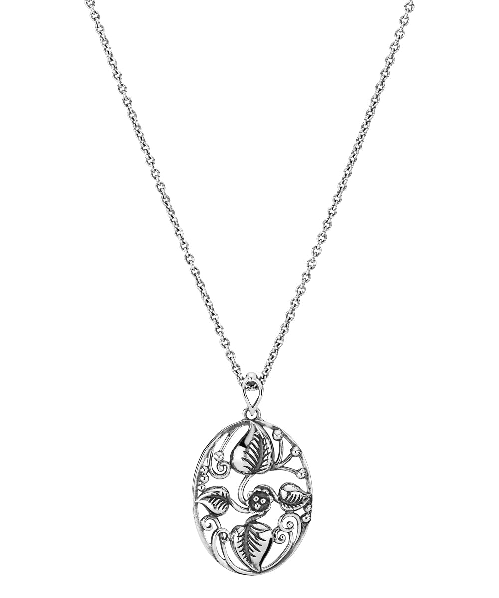 Lund Copenhagen Collier vedhæng oval med blomst og blade 24x30mm oxyderet 80cm i oxyderet sølv – model 9021018-OX