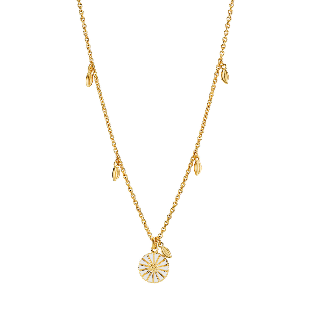 Lund Copenhagen Marguerit collier 11 mm med blade hvid emalje 45-48 cm i forgyldt sølv – model 9025057-M