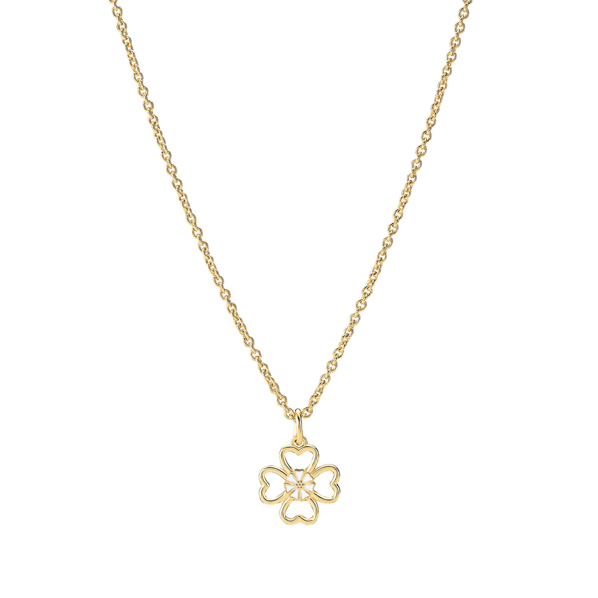 Lund Copenhagen Marguerit collier firkløver 5mm hvid emalje 45-48cm i forgyldt sølv – model 9025089-M