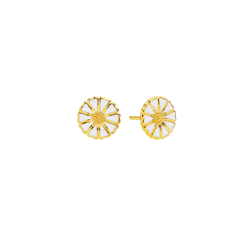 Lund Copenhagen Marguerit ørestik 9mm hvid emalje i forgyldt sølv – model 909009-4-M