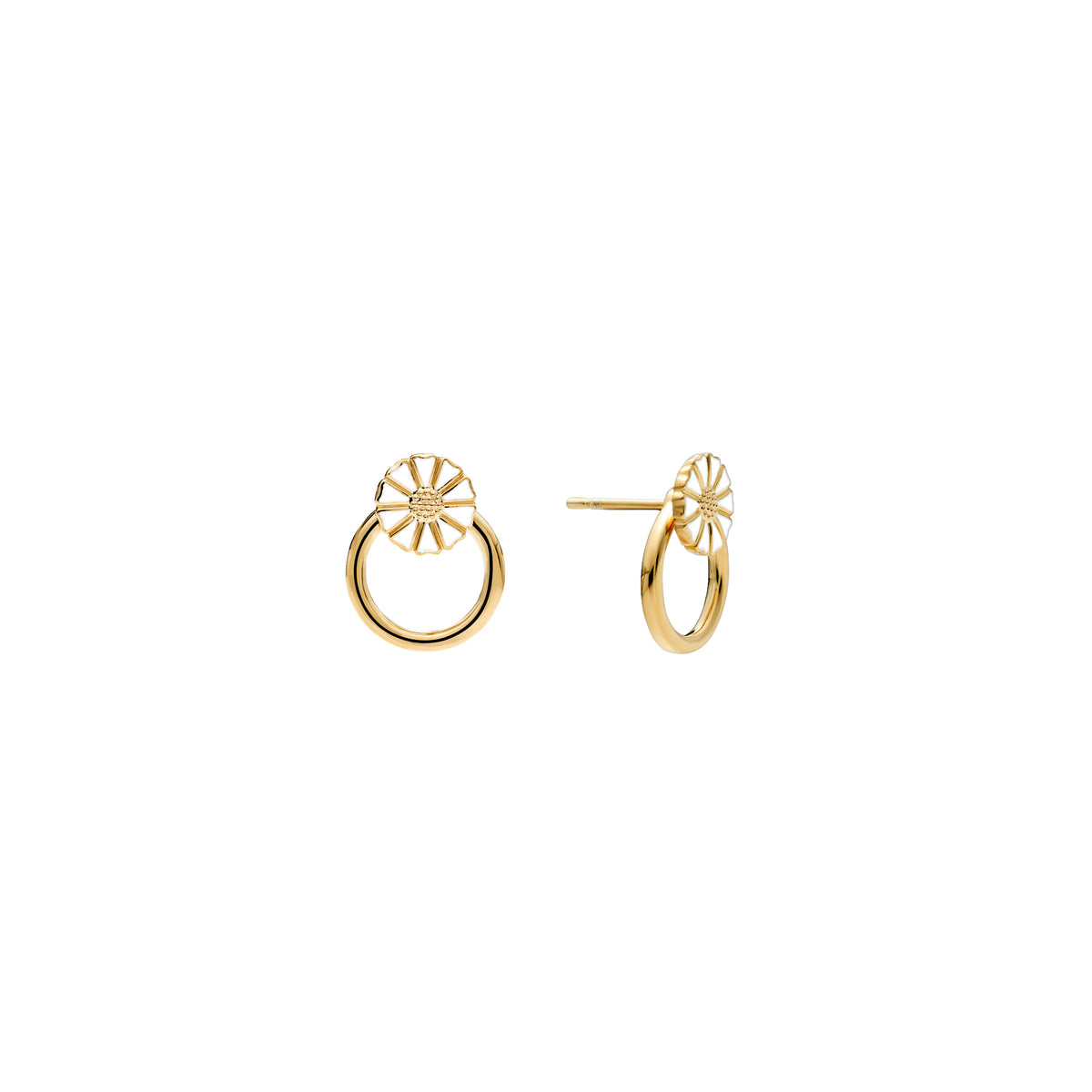 Lund Copenhagen Marguerit ørestik 7,5mm med løs ring dia.8mm hvid emalje i forgyldt sølv – model 9095009-4-M