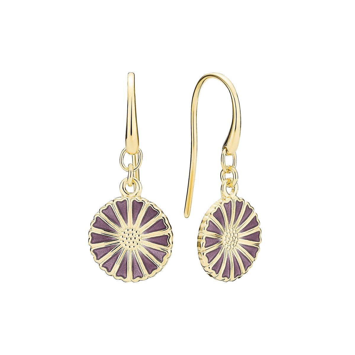 Lund Copenhagen Marguerit ørehænger 11mm lilla emalje i forgyldt sølv – model 9095111-2-LI