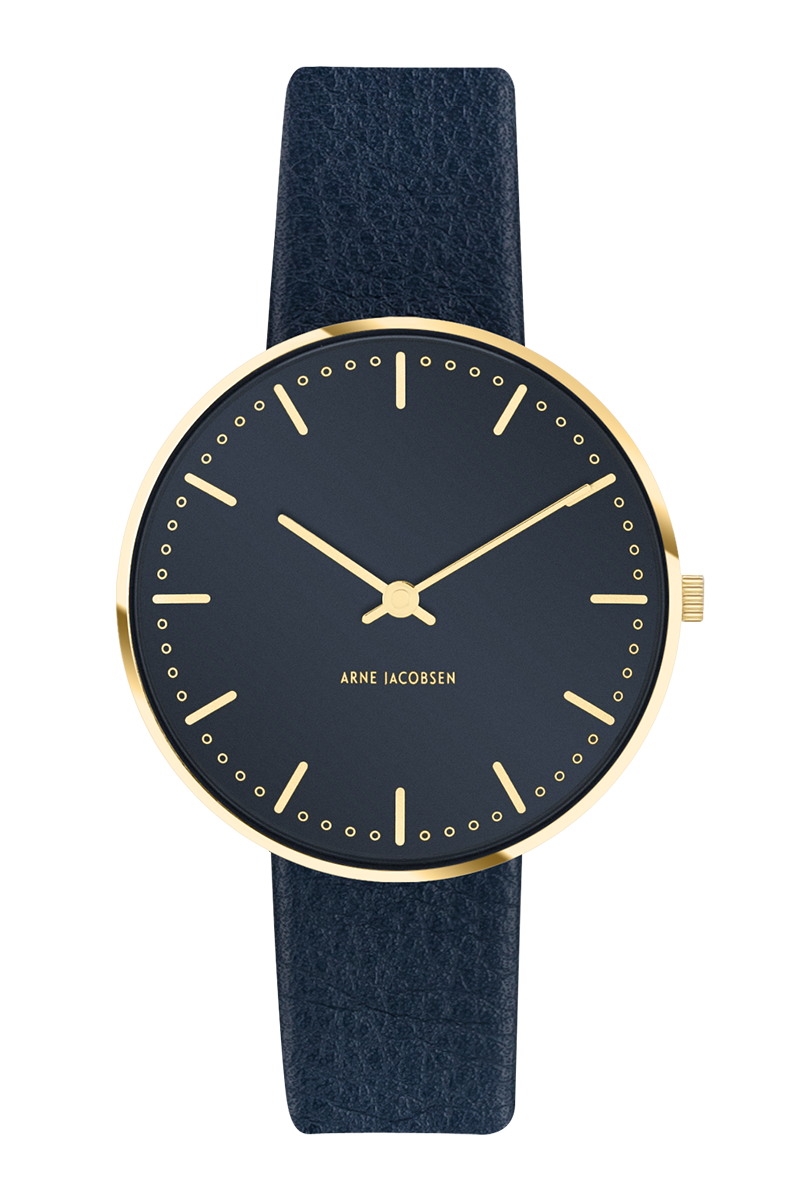 Arne Jacobsen - CITY HALL OXFORD BLUE 34 mm double ur med læderrem - Model: 53207-1604GP
