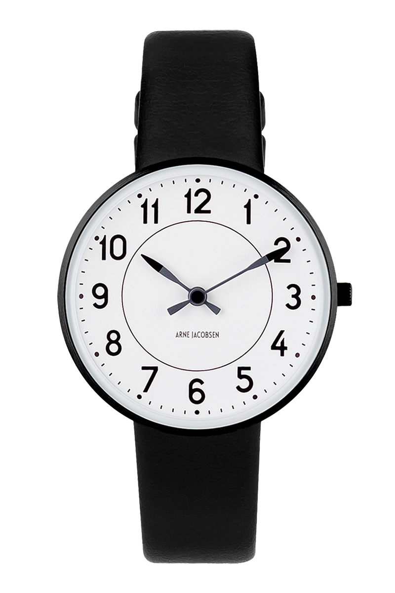 Arne Jacobsen - STATION 34 mm sort stål ur med læderrem - Model: 53411-1601B