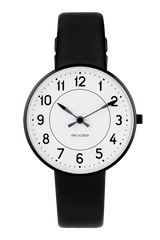 Arne Jacobsen - STATION 34 mm sort stål ur med læderrem - Model: 53411-1601B