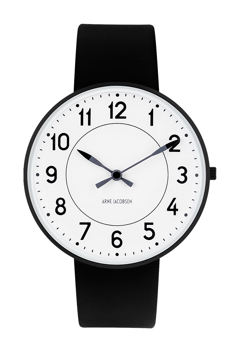 Arne Jacobsen - STATION 40 mm sort stål ur med læderrem - Model: 53412-2001B