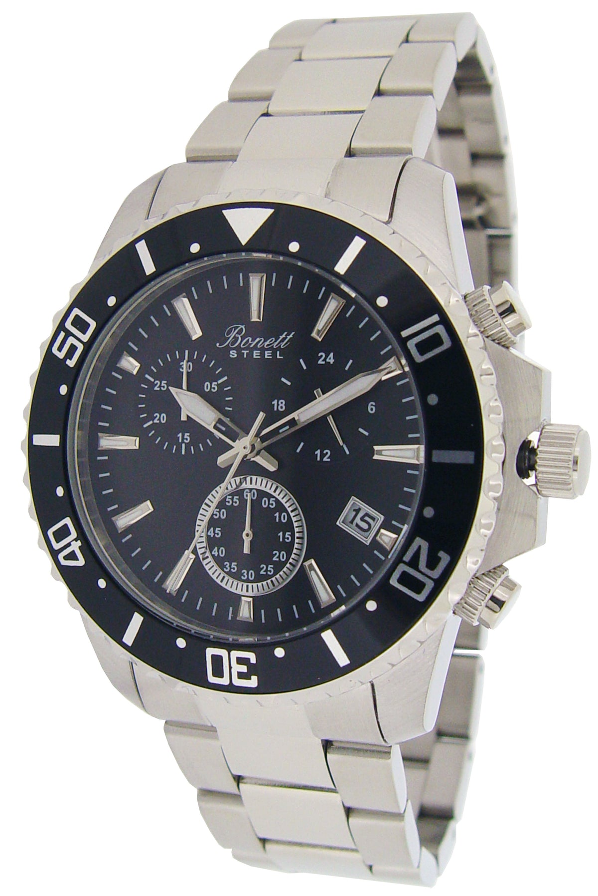 Bonett - Herreur i stål m. chronograph, sort urskive og dato - Model: 1386SS