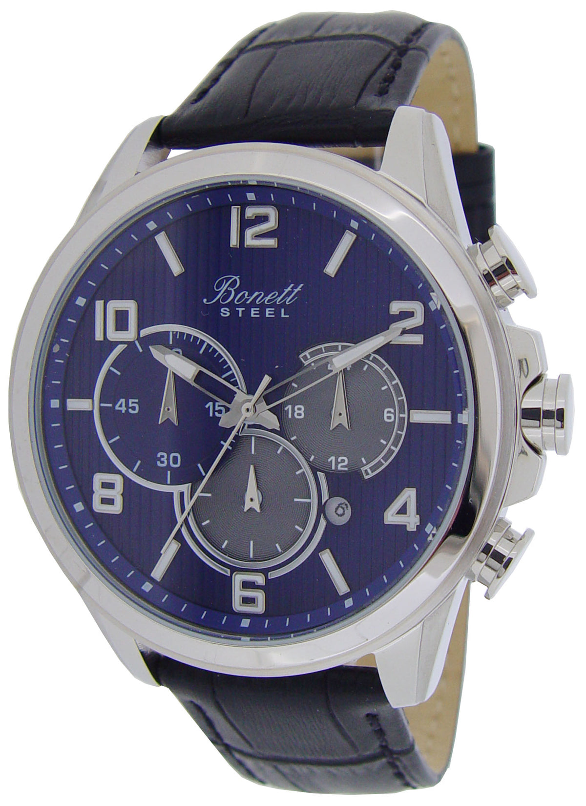 Bonett - Herreur i stål med chronograph og sort læderrem - Modelnr.: 1407b