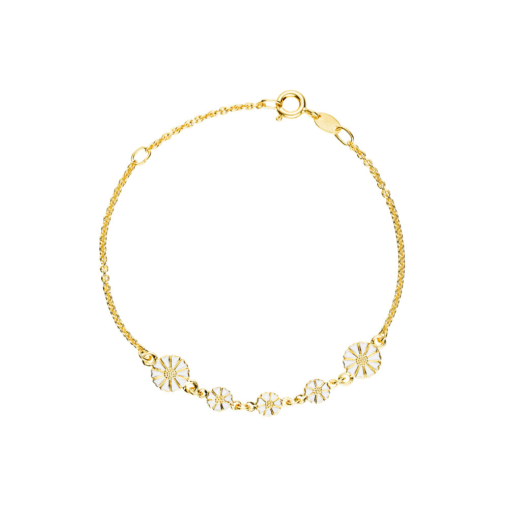 Lund Copenhagen Marguerit armbånd 2x7,5mm og 3x5mm hvid emalje 16-19cm i forgyldt sølv – model 90117519-M