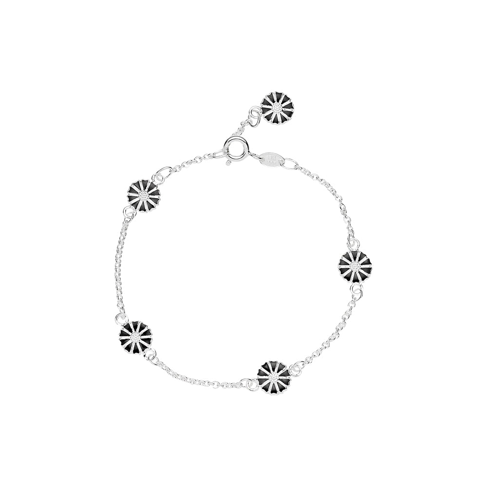 Lund Copenhagen Marguerit armbånd med 5x7,5mm marg. sort emalje 16-17-19 cm i sølv – model 90107018-5-S
