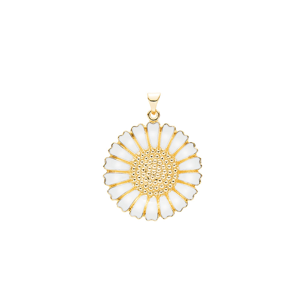 Lund Copenhagen Marguerit vedhæng 25mm hvid emalje i forgyldt sølv – model 908025-M