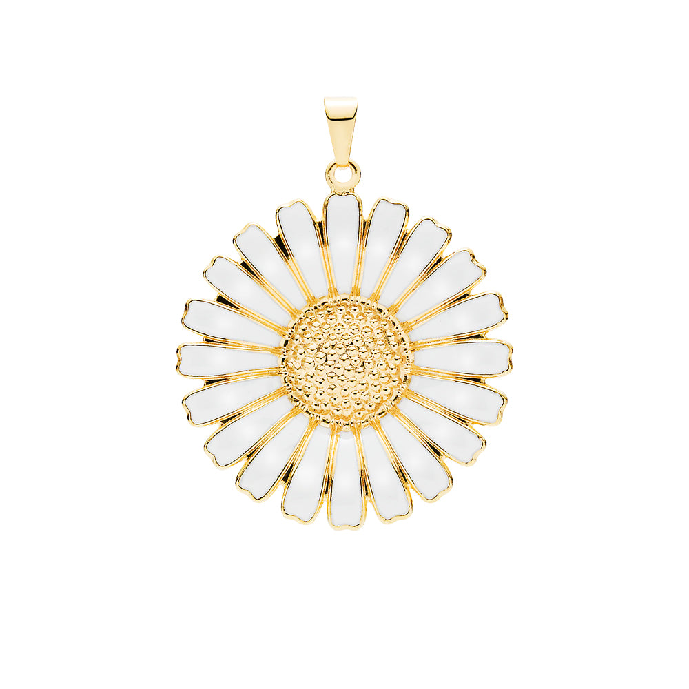 Lund Copenhagen Marguerit vedhæng 36mm hvid emalje i forgyldt sølv – model 908036-M