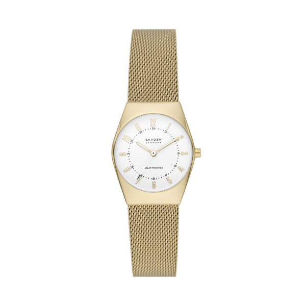 Skagen - Forgyldt SOLAR dameur, hvid skive og meshlænke - Model: SKW3077