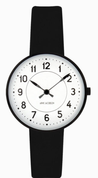 Arne Jacobsen - STATION 30 mm sort stål ur med læderrem - Model: 53400-1401B