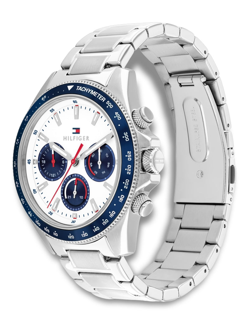 Tommy Hilfiger - Herreur Clark i stål med hvid skive, multifunktion, lænke - Model: 1792238