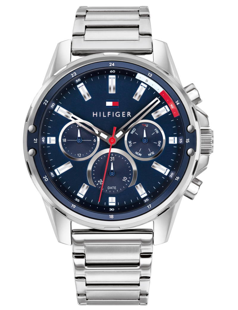 Tommy Hilfiger - Herreur Mason i stål med blå skive, multifunktion, lænke - Model: 1791788
