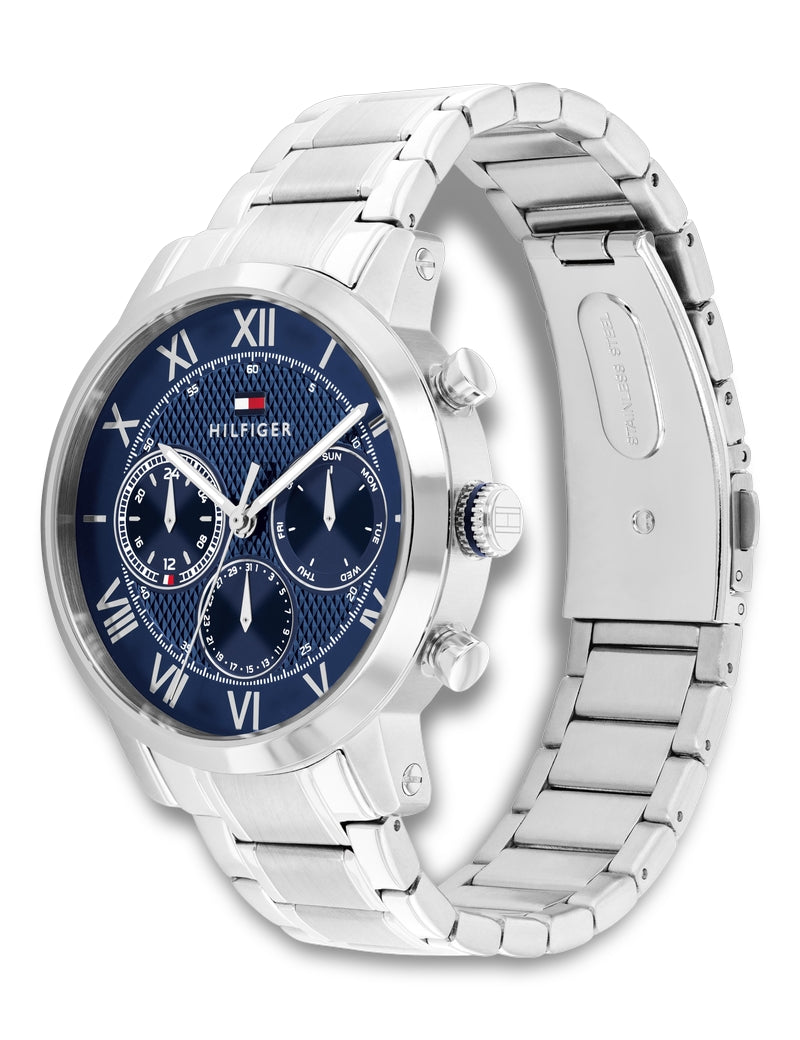Tommy Hilfiger - Herreur TH-Oxford i stål med blå skive, multifunktion, lænke - Model: 1710728