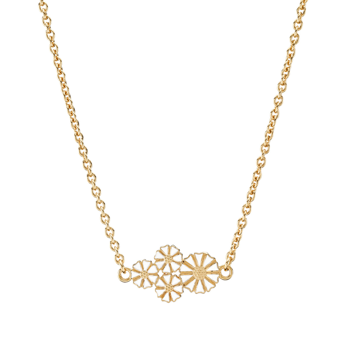 Lund Copenhagen Marguerit collier 1x7,5mm og 3x5mm hvid emalje 45-48cm i forgyldt sølv – model 9025046-M