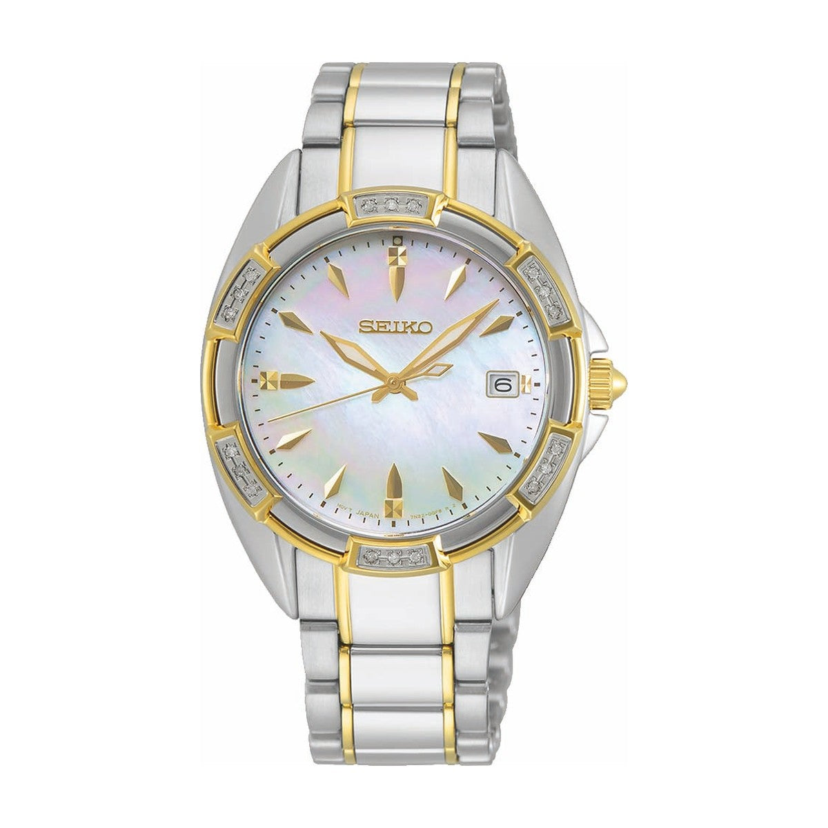 Køb Seiko - Dameur stål/gulddublé med lænke 18 diamanter skive 100m - Model: SKK880P1 hos Guldsmed Smeds