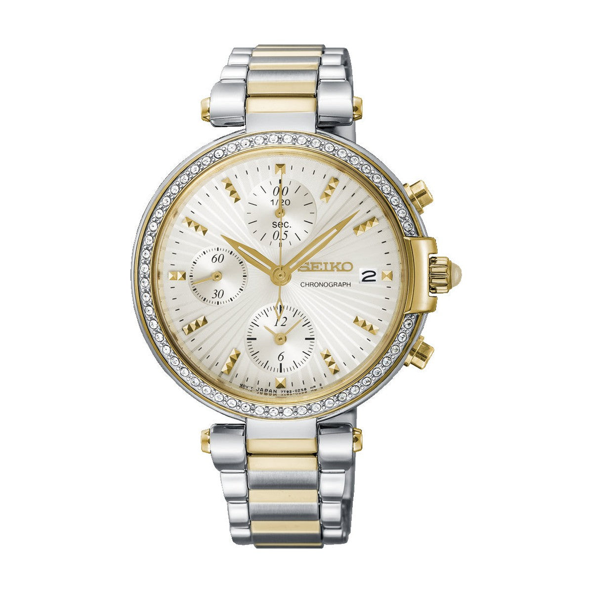 Køb Seiko - Dameur stål/gulddublé med lænke hvid skive 30m - Model: SNDV42P1 hos Guldsmed Smeds