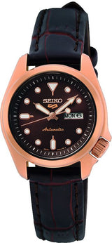 Seiko - 5 sport automatik Dameur, rosa forgyldt stål med læderrem, brun skive, 100m - Model: SRE006K1