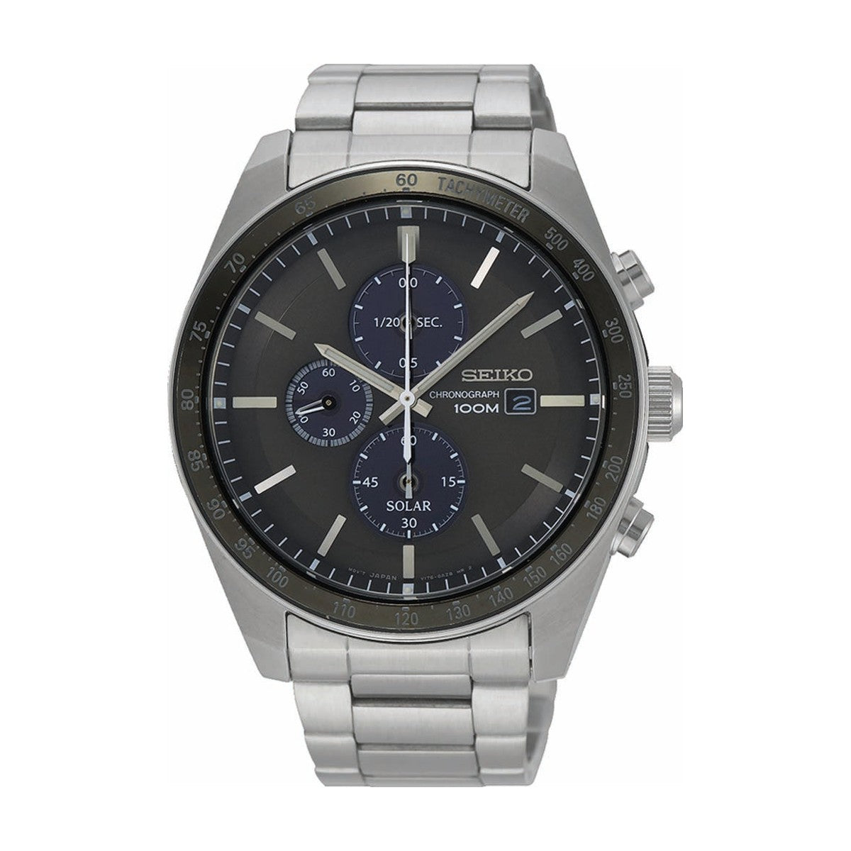 Køb Seiko - Solar herreur i stål med lænke, sort skive, 100m - Model: SSC715P1 hos Guldsmed Smeds