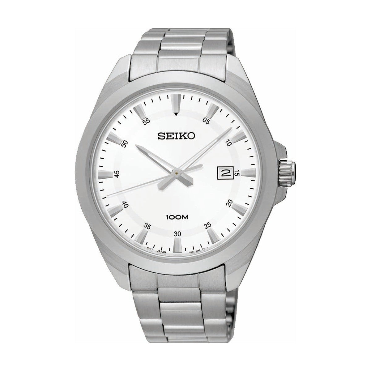 Køb Seiko - Herreur stål med lænke, dato, sølvfarvet skive, 100 m - Model: SUR205P1 hos Guldsmed Smeds