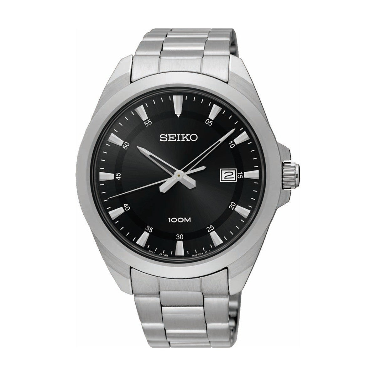 Køb Seiko - Herreur stål med lænke, dato, sort skive, 100 m - Model: SUR209P1 hos Guldsmed Smeds