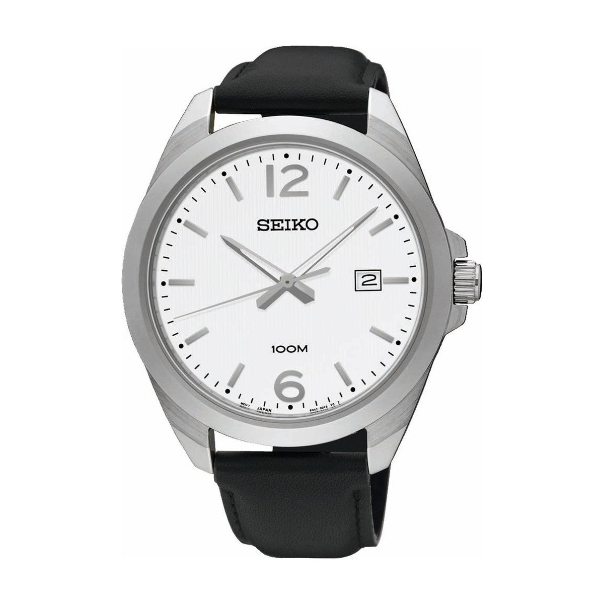 Køb Seiko - Herreur stål med rem, dato, sølvfarvet skive, 100 m - Model: SUR213P1 hos Guldsmed Smeds