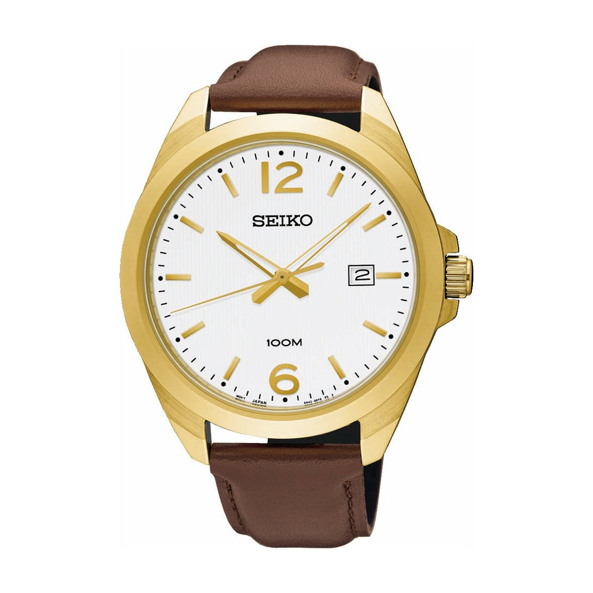 Køb Seiko - Herreur gulddublé med rem, dato, sølv skive, 100 m - Model: SUR216P1 hos Guldsmed Smeds