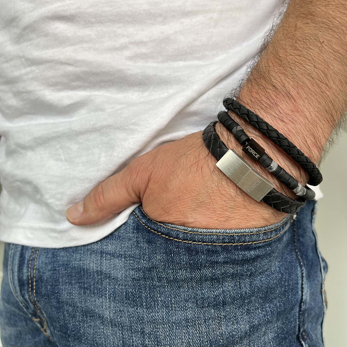 Scrouples - FORCE Herre armbånd, sorte/grå sten i 21 cm - Model: 03361,21