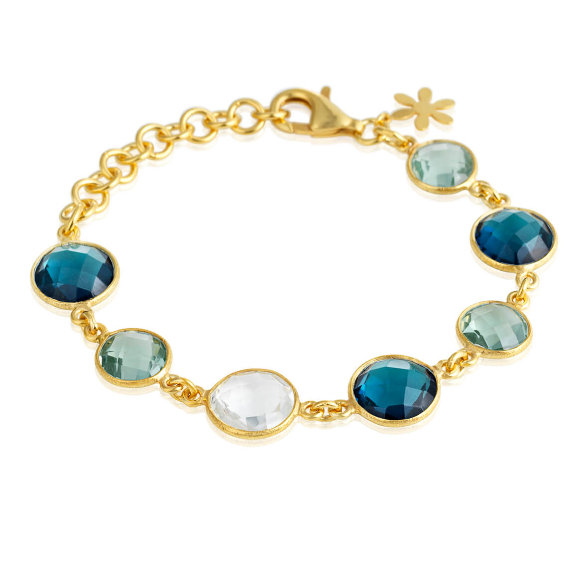 Susanne Friis Bjørner Armbånd 16-20 cm, forgyldt sølv, 10 og 12 mm facet grøn kvarts, London blå krystal, bjergkrystal