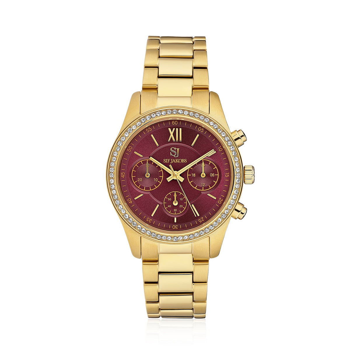 Sif Jakobs Ur Domenica stainless steel gold burgundy urskive og hvide zirkoner i forgyldt sølv