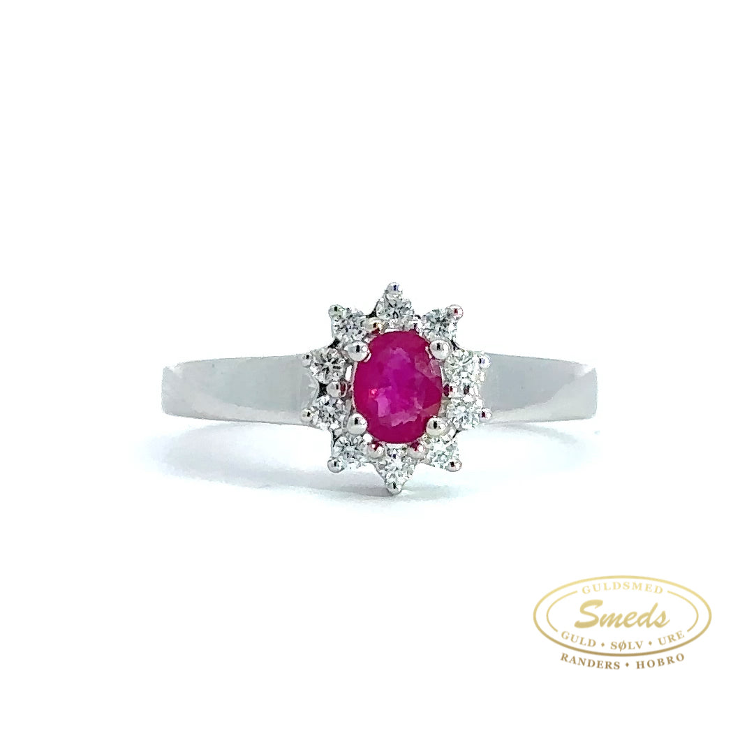 14 kt. Hvidguld roset ring med rubin og brillanter - Model: 40-22575