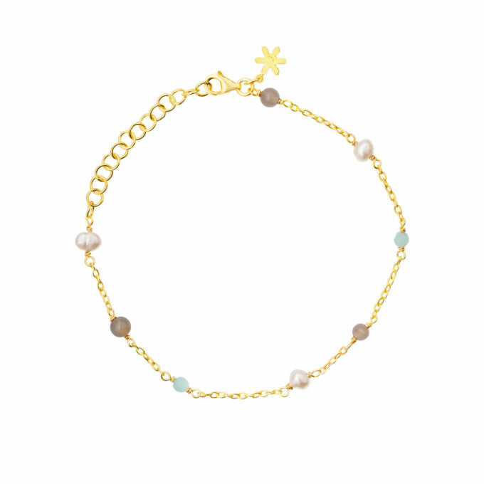 Susanne Friis Bjørner - Armbånd forgyldt med perler, amazonit og grå månesten - Model: 1887-2-20-578