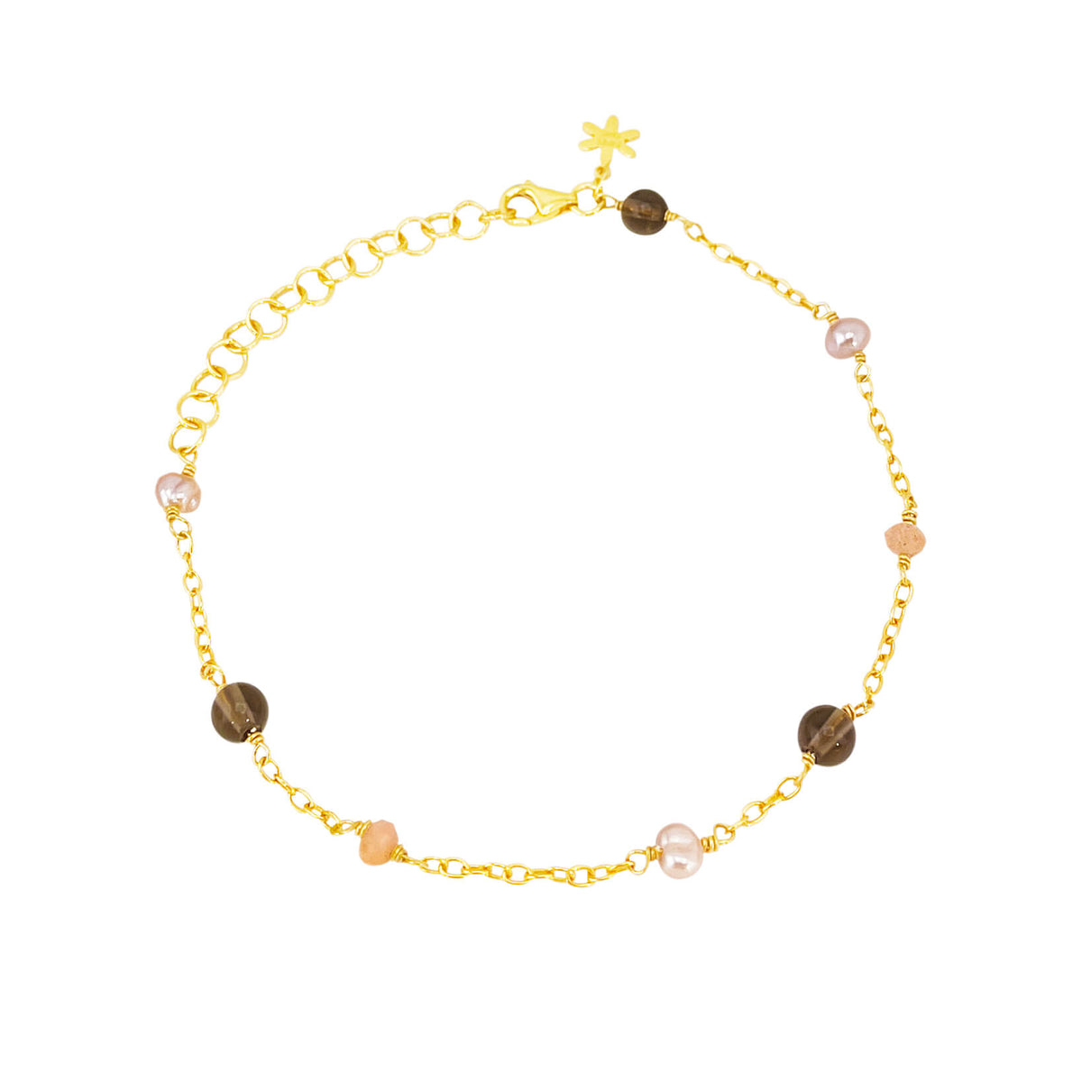 Susanne Friis Bjørner Armbånd anker 16-20 cm, forgyldt sølv, peach månesten, røgkvarts og naturfarvet ferskvandsperle