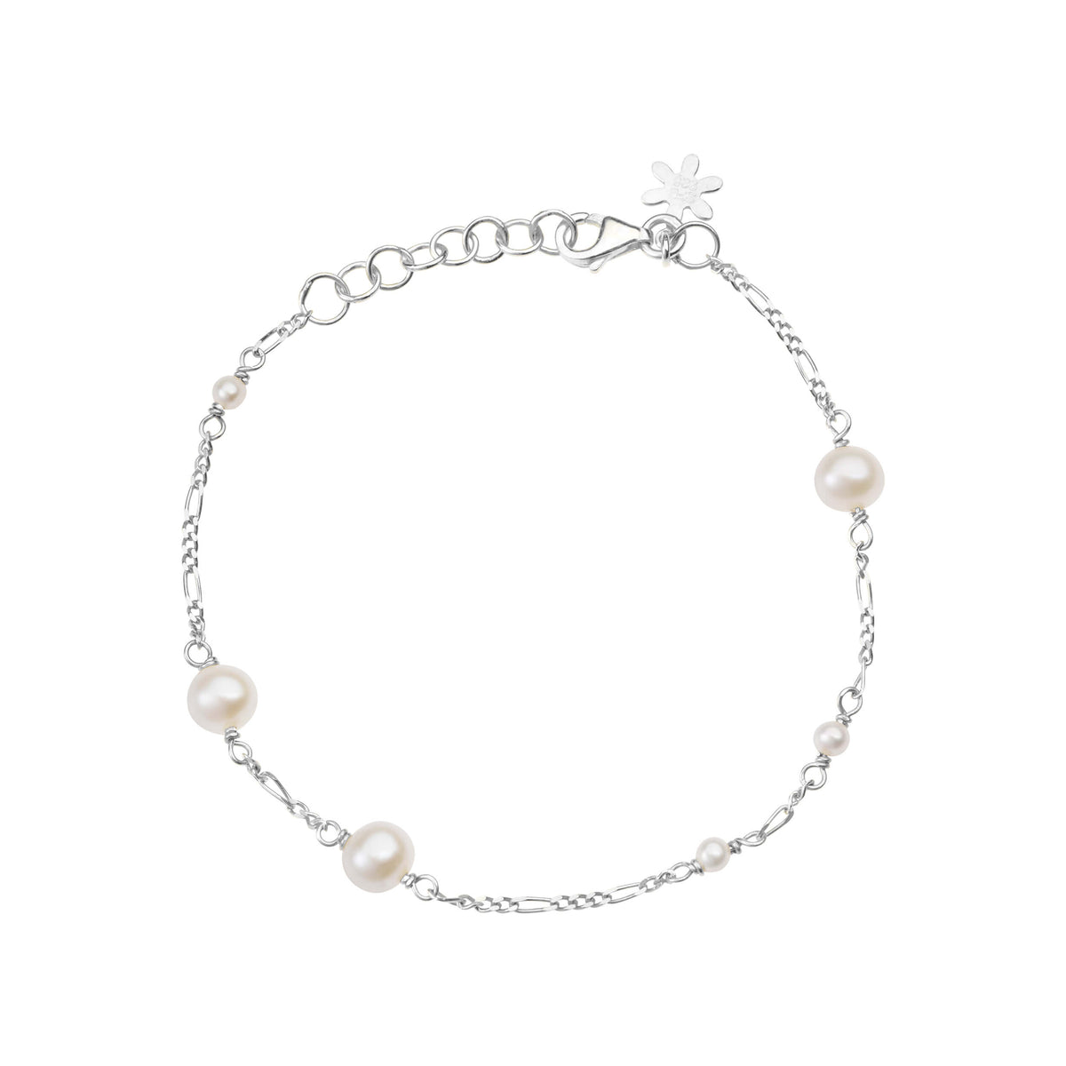 Susanne Friis Bjørner Armbånd 16-20 cm, sølv, figaro panser med facet 1,4 mm og hvid ferskvandsperler