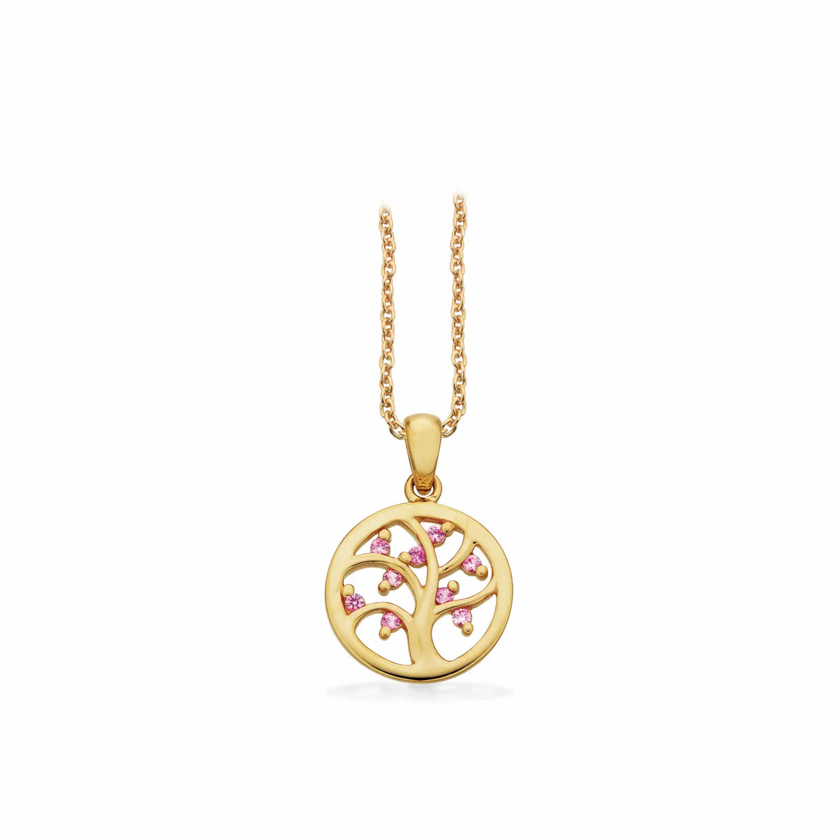Scrouples - 14 kt guld vedhæng, livets træ m. pink safir og forgyldt kæde - Model: 214205