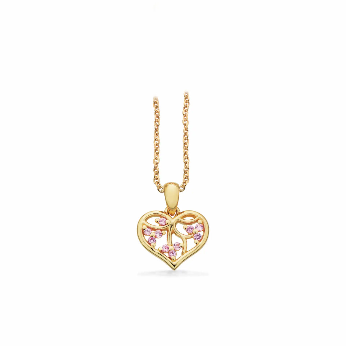 Scrouples - 14 kt guld vedhæng, livets træ i hjerte m. pink safir og forgyldt kæde - Model: 214215