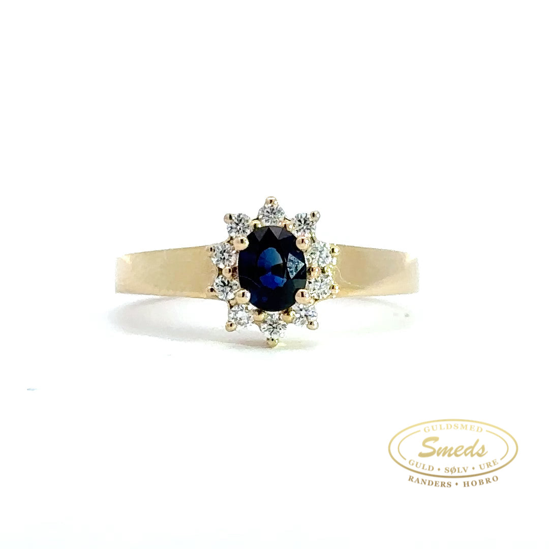 roset ring med blå safir og diamanter