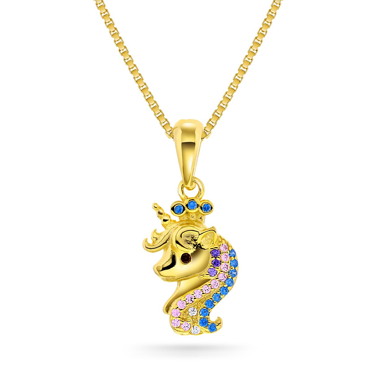 Arne Nordlie - Forgyldt børnehalskæde, Unicorn med farvede syntetiske zirkoner - Model: 65079