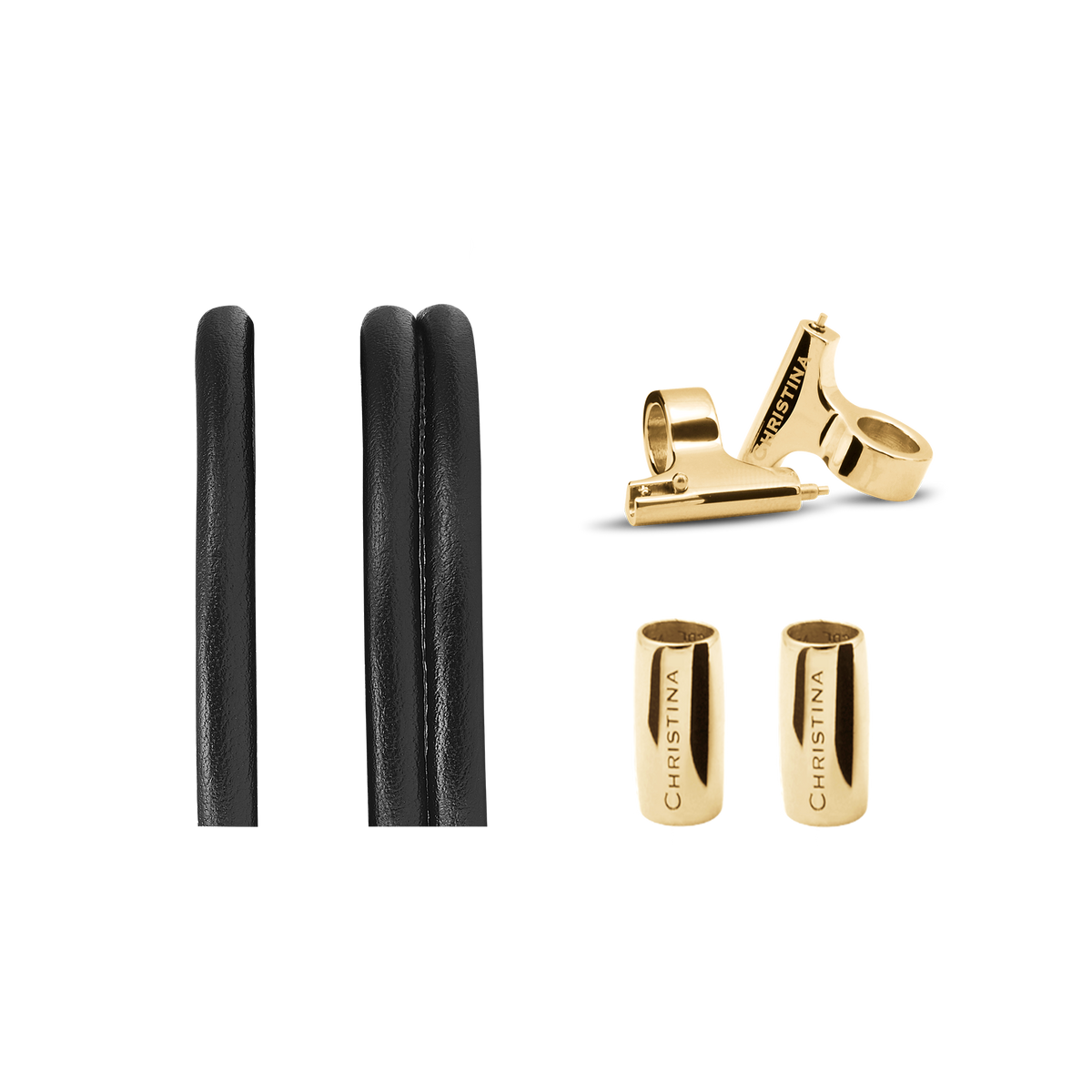 Christina Lædersæt sort 16 mm i forgyldt stål – model 604-4-16GBLACK