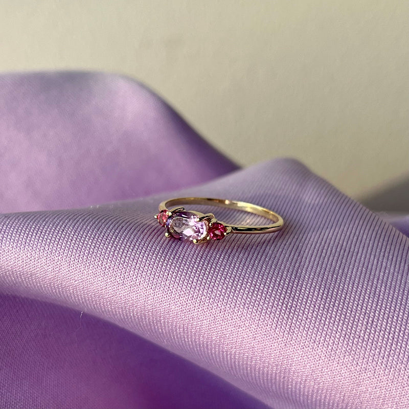 Scrouples - 8 kt guldring med ametyst og pink topas - Model: 714383