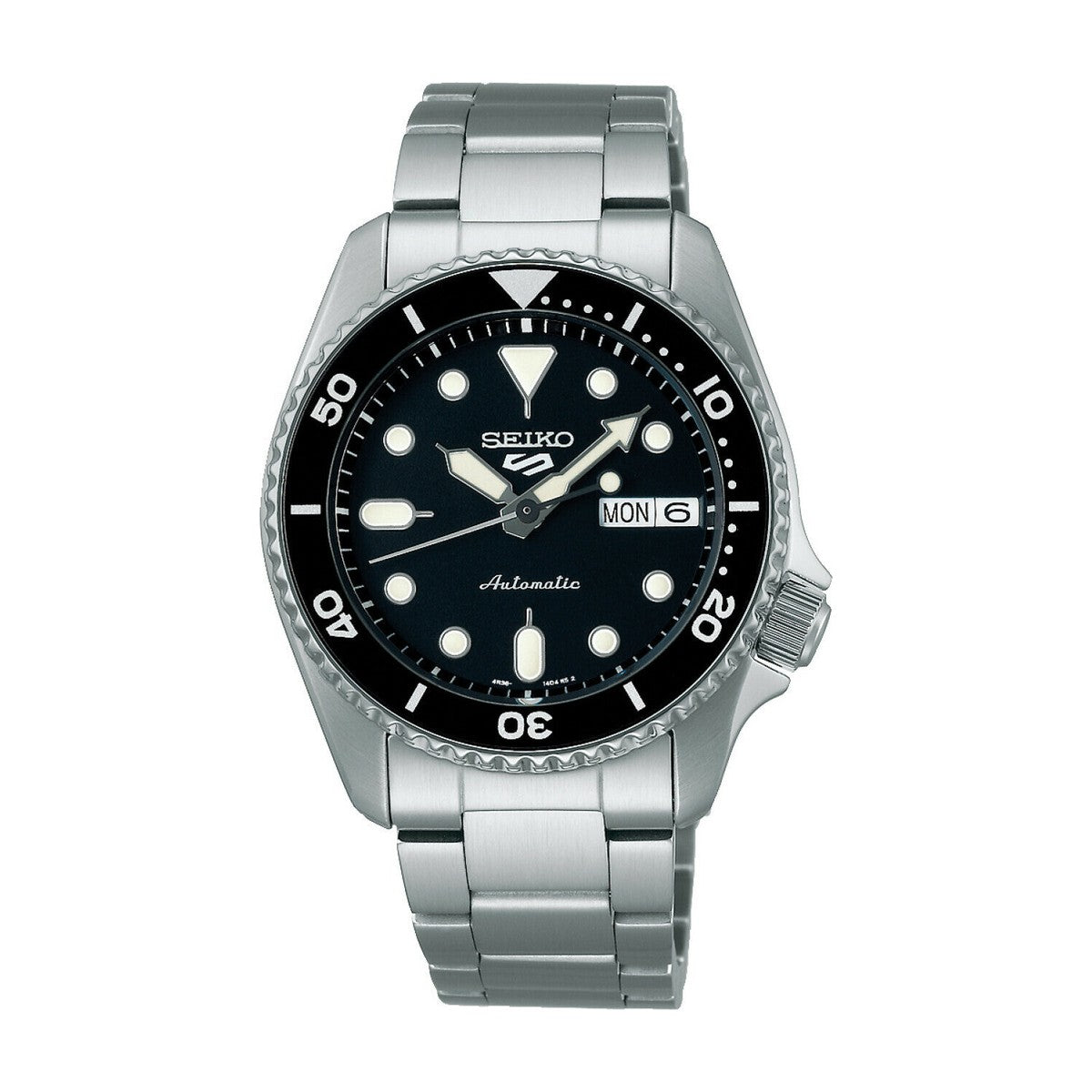 Seiko ur med sort urskive og automatisk urværk.